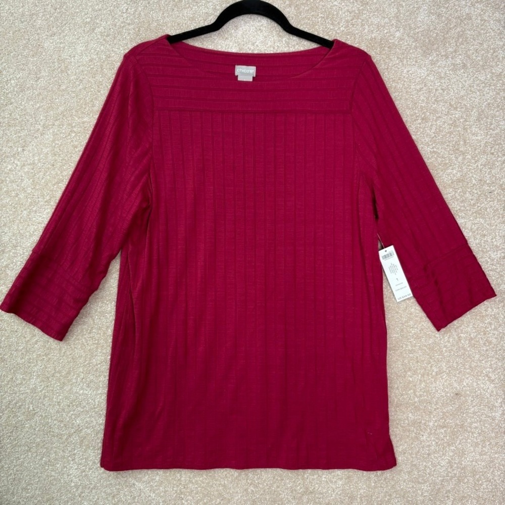 NWT CHICO'S Stretch Knit Top Size 1 Women's Medium‎ Ribbed Relaxed Fit Cherry